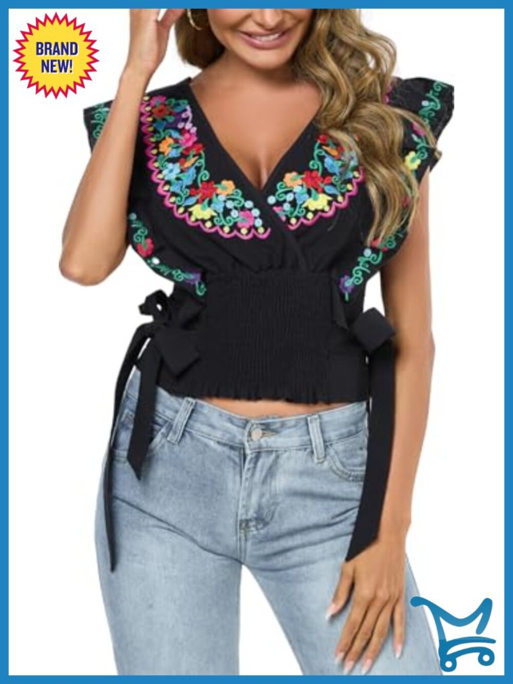 Women Mexican Embroidered Off-Shoulder Flutter Sleeve Tank Top Boho Cotton - Picture 2 of 6